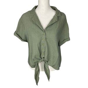 MODCLOTH Women Blouse Size L Green Linen Blend Crop Tie Button Front Casual